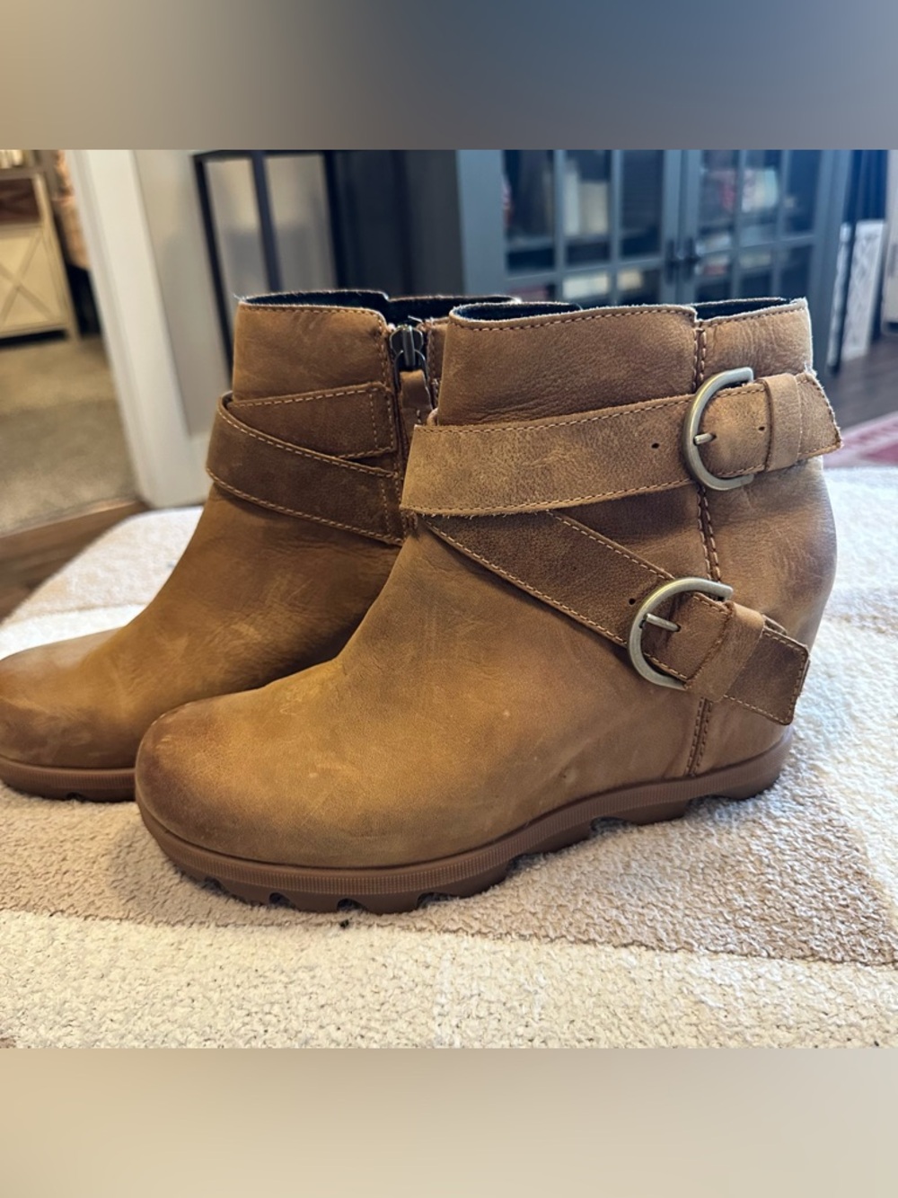 Women's Tan Ankle Booties with Buckle Detail